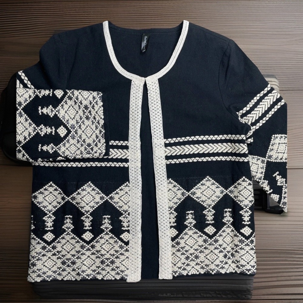 Sacred Threads Open Jacket Black Cream Embroidered Boho Chic Geometric‎ S/M